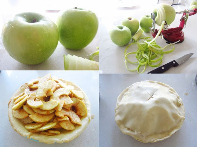 4 photos arranged in a collage. The first is of two Granny Smith apples. The second is of three Granny Smith apples on a kitchen counter with a fourth being pierced by an apple peeler. The third photo is of sliced apples in a pie crust. The final photo is of a sealed pie