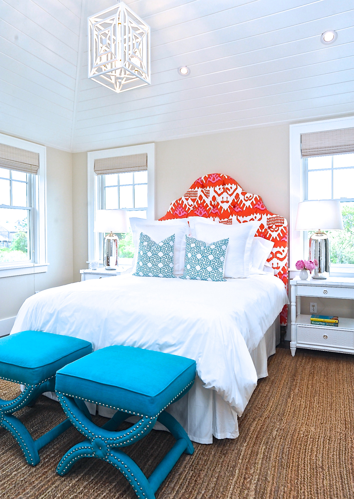 COCOCOZY pillows in a Nantucket bedroom with blue stools