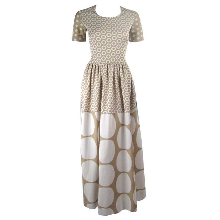 Tan vintage Rudi Gernreich maxi dress with white polka dots