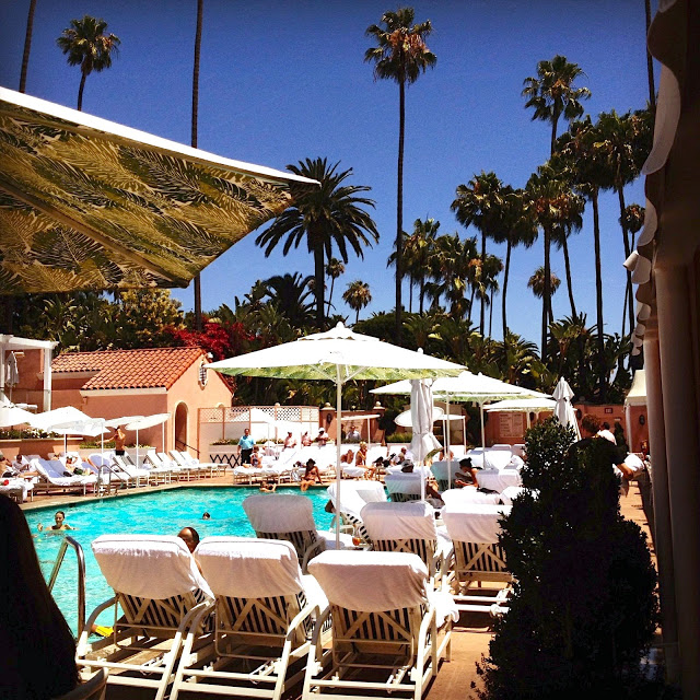 Beverly Hills Hotel Pool lounge chairs palm trees los angeles