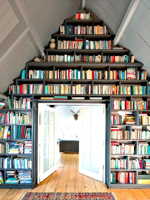 Built in bookshelf wood floor double door home library