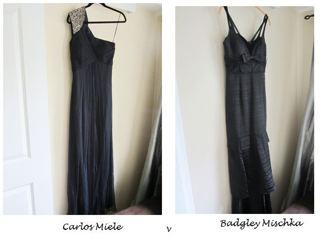 (L) one shoulder black Carlos Miele dress (R) black Badgley Mischka gown