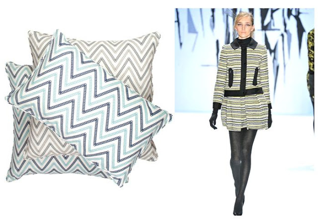 Right: COCOCOZY Circle Chevron linen pillows. Right: A cute classic suit with a zig zag of its own from the Milly runway show