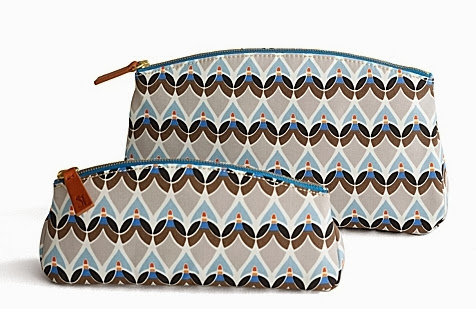 Blue and brown graphic print makeup bag and clutch