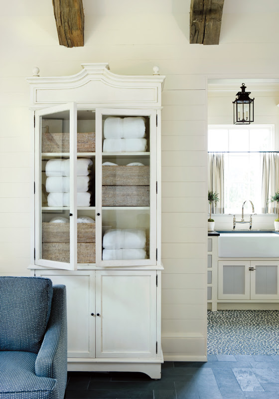 Close up of a white cabinet in a pool house with glass door 