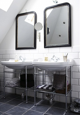 black carved arch mirror bath bathroom sink vanity basin subway tile cococozy