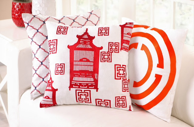 Red & Orange COCOCOZY Embroidered Pillows in Kip, Birdcage Toile and COCOCOZY Light