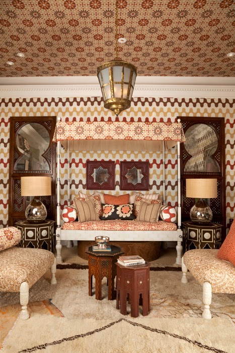 Moroccan inspired bedroom by Martyn Lawrence Bullard with upholstered walls