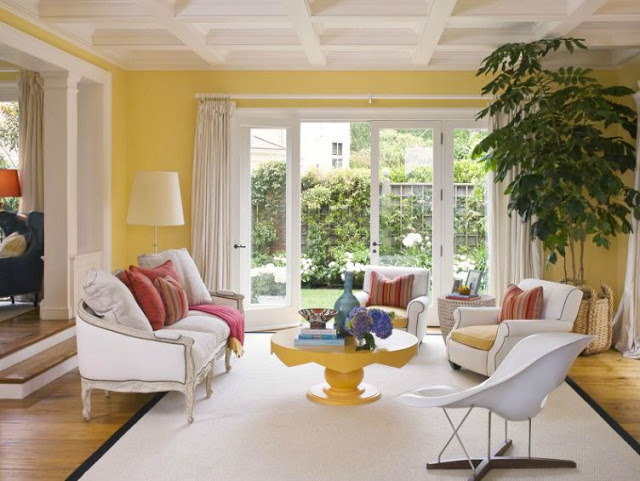 yellow parlor in a san francisco mansion with a moulded ceiling, white Louis XIV sofa, two white armchairs with nail head trim and yellow seat cushions, a yellow table, wood floor and white french doors opening up to a backyard with grass and white flowers with white floor length curtains