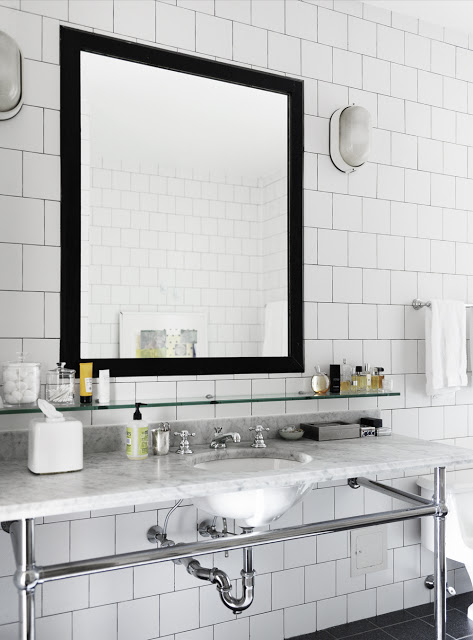 bath bathroom sink mirror black square subway tile marble counter