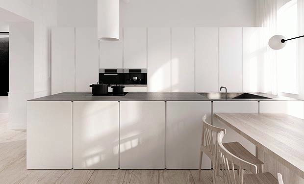 modern all white kitchen black counter countertops cabinet doors island open decor design floor plan