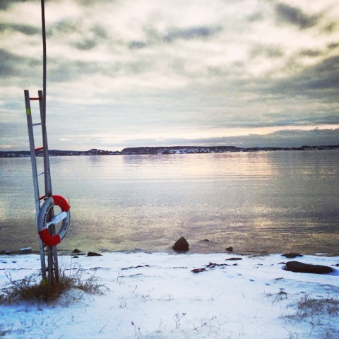 Coastline in sweden with snow and a life preserver flotation device