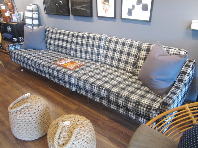 super long, 1970s reproduction black and white plaid sofa