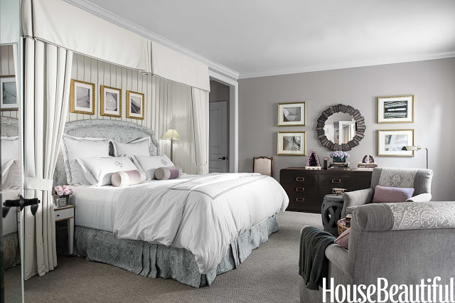 Master bedroom by Mary McDonald inspired by Napoleon's Chateau Malmison Paris grey upholstered headboard