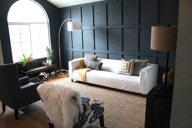 DIY living room Chris Loves Julia black paneled wall modern