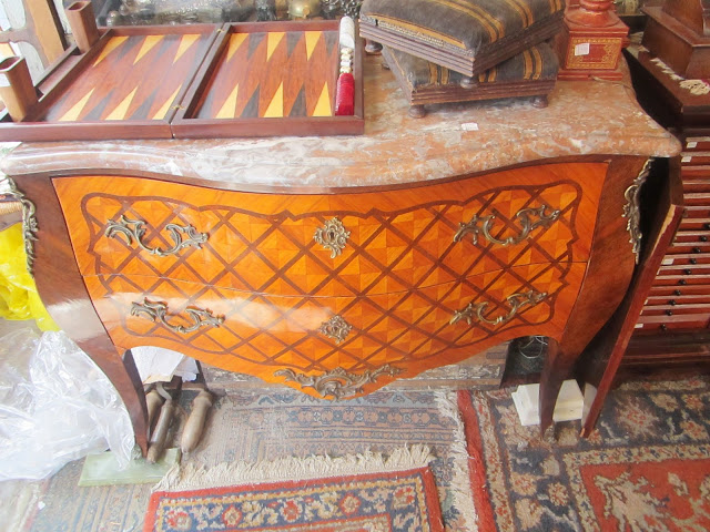 Antique bombay chest with stunning trellis wood inlay work at the Marche aux Puces at the Porte de Clignancourt in Paris
