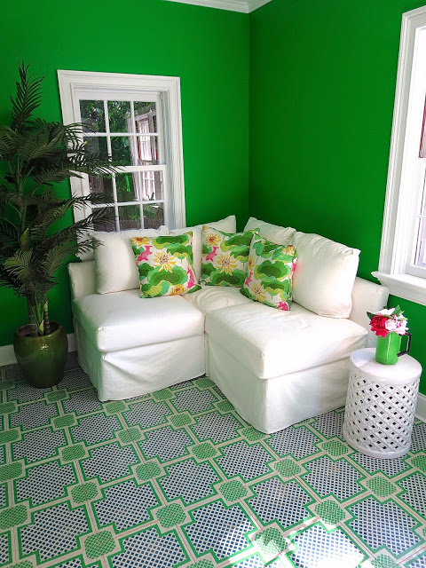 kelly green garden room painted wood tile floors