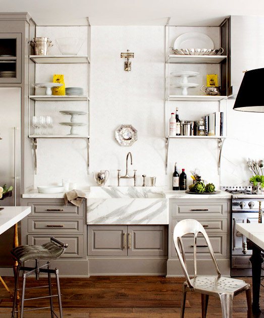 kitchen with windsor gray cabinets, marble backsplash, and carrara metal shelves