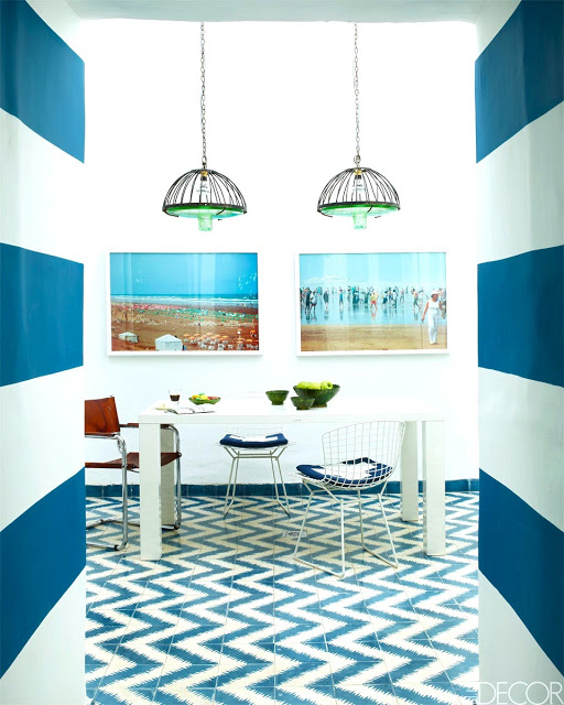 blue white dining room zigzag chevron cement tile floor striped stripe wall morocco home