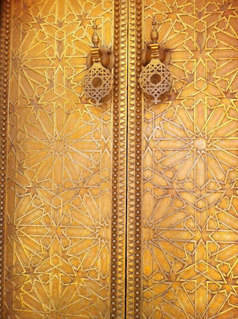 Gold door with inlayed designs in Morocco