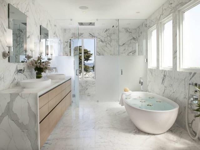 marble bath bathroom tub carrara marble white gray modern decor design decorating