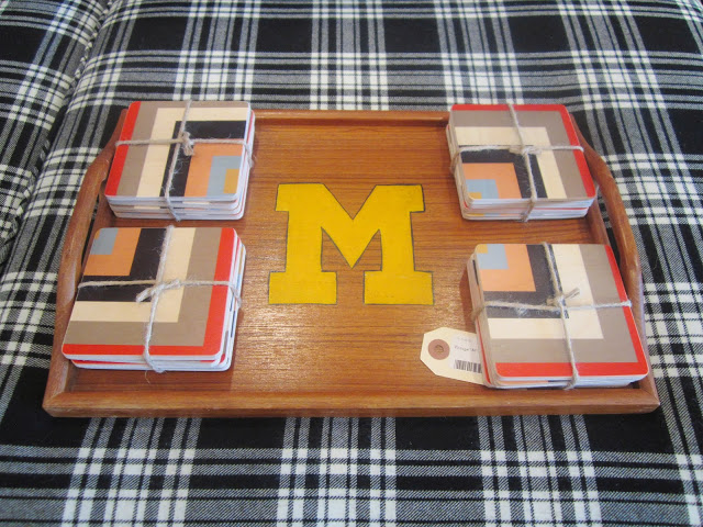 monogrammed wood tray and graphic patterned coasters