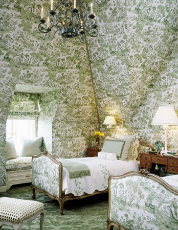  Green toile walls and floor match a the green toile upholstered french twin beds in a statement classic bedroom