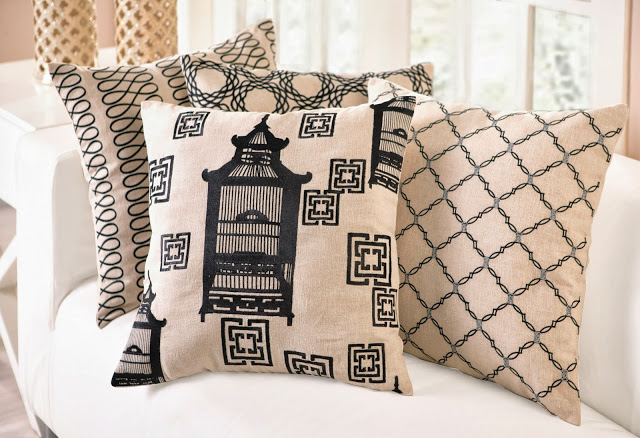 Black COCOCOZY Embroidered Pillows in Loop, Birdcage Toile and Kip