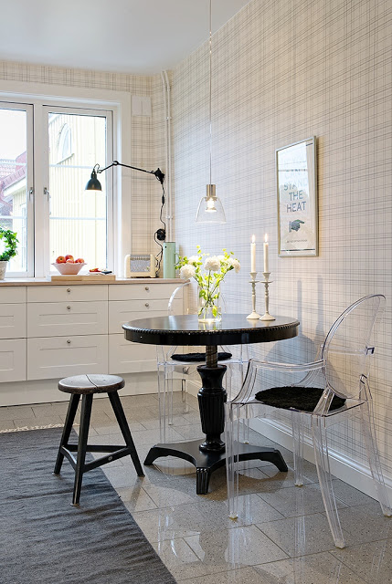 small modern eat in kitchen with plaid walls, louis ghost chairs, round table, white cabinets and a three-legged stool