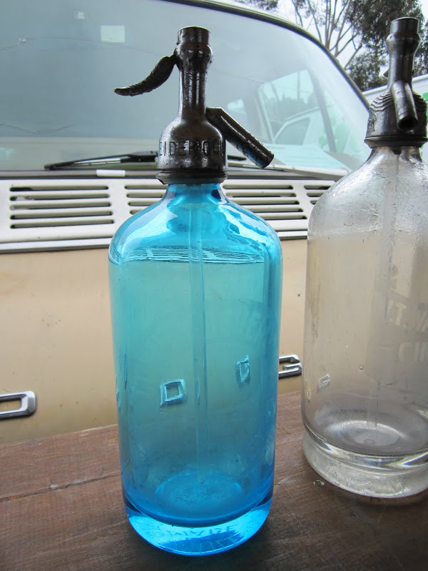 Blue glass seltzer bottle