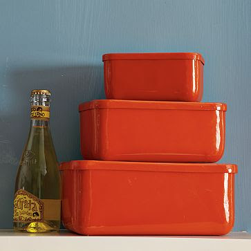 Three orange Rectangular Biscuit Tins stacked on top of each other