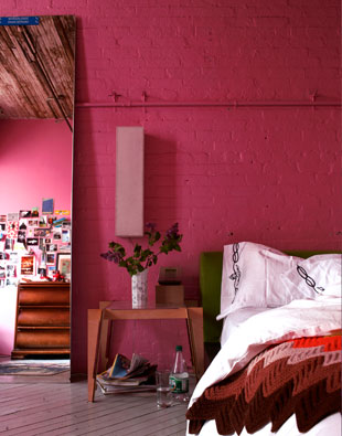 bed bedroom hot pink fuchsia fuschia painted brick walls interior design decor decorate