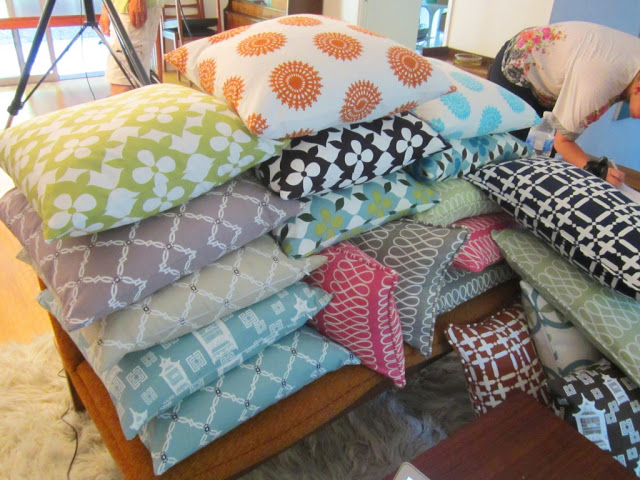 Stacks of the new COCOCOZY cotton pillows at the pillow photo shoot