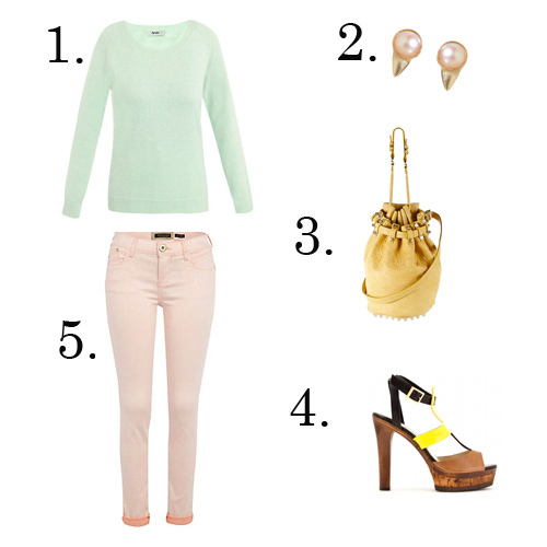 Outfit with mint green sweater, pale pink pants, pearl earrings, a yellow purse and T-strap heels with a wooden platform and a yellow center strap