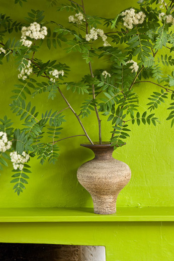 Potted plant with white flowers on the mantel of a chartreuse fireplace