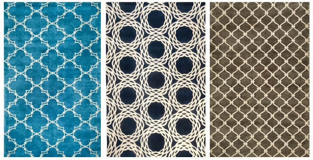 COCOCOZY Quatrefoil Rug in Peacock, Oxford Rug in Navy and Fence Rug in Charcoal