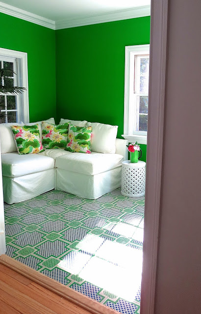 kelly green garden room painted wood tile floors