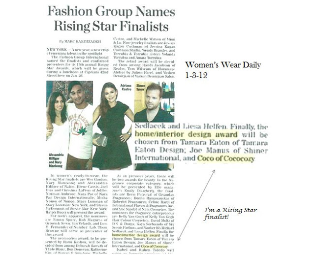 Newspaper clipping showing COCOCOZY as a finalist for Home/Interiro Design in category for the Fashion Group International (FGI) Rising Star Award