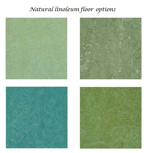 4 natural linoleum tiles in varying shades of green