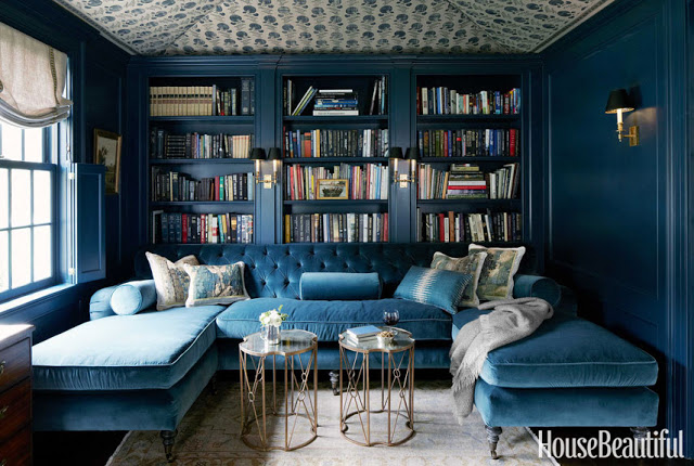 library blue velvet sectional sofa built in bookshelves books cozy home decor gold metal coffee tables