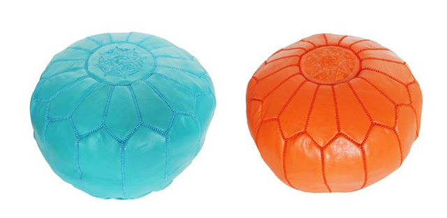 Turquoise and orange leather Moroccan Poufs from COCOCOZY