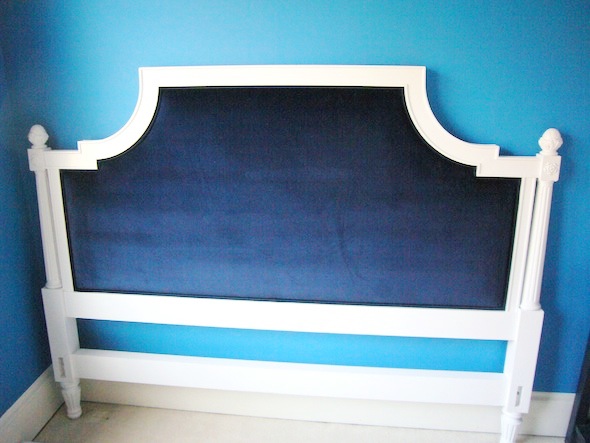 After, the headboard was painted white and the toile was replaced with blue velvet