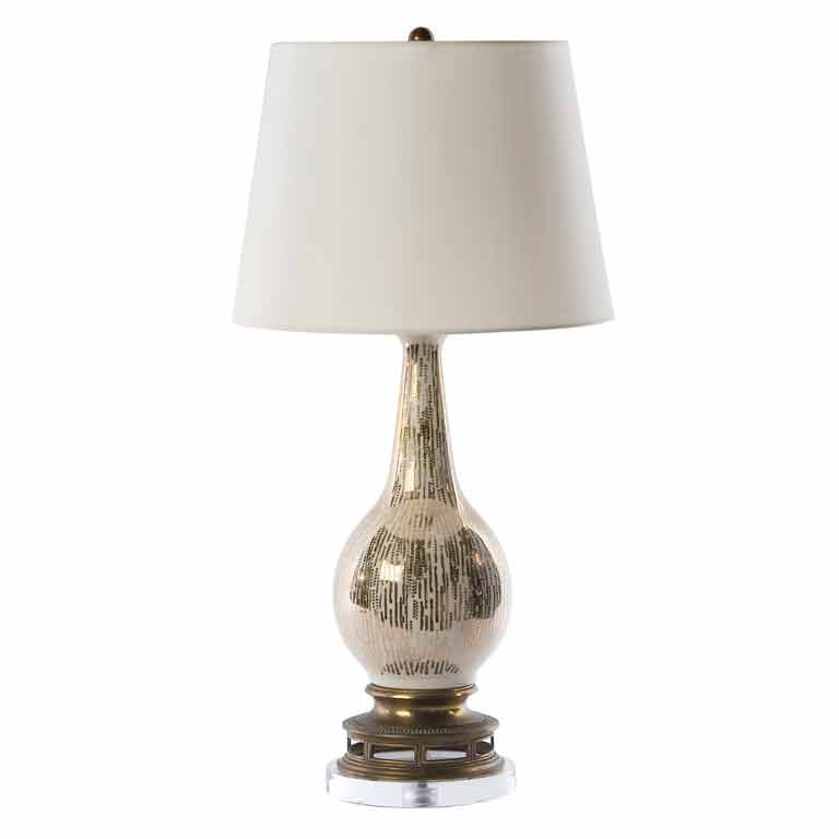 Vintage lamp with a gourd shaped ceramic vessel base, pale gold metallic glaze over cream ground with an irregular pattern of drips and dots. Original bronze base tops newly added acrylic