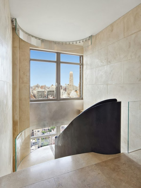 Architectural steel railing on the stairs in a NYC penthouse apartment
