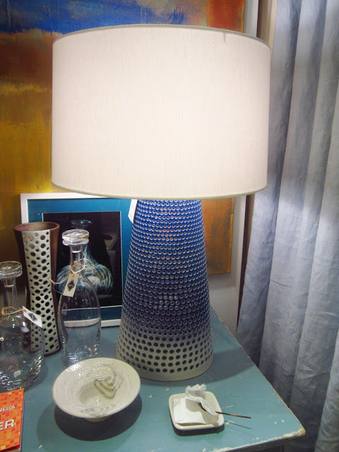 pierced ceramic table lamp with blue and white ombre on the base with a white shade