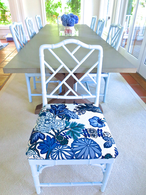 Light blue Chippendale dining chair light blue Chiang Mai Dragon fabric upholstered seat cushion