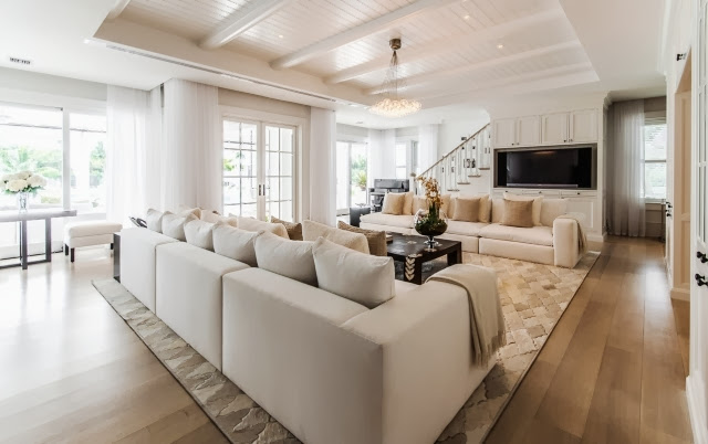 Celine Dion's living room wiht dueling sofas and french doors