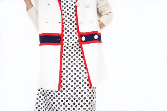 vintage Givenchy dress and vintage cream, navy coat with red trim