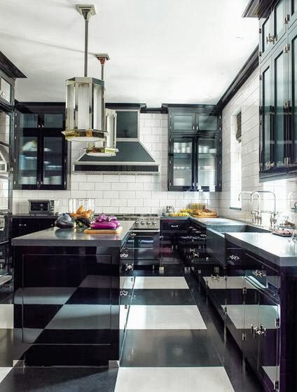 black white kitchen subway tile backsplash island pendant light checkered floor