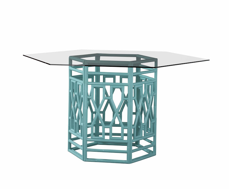 Blue fretwork base and glass top gathering table by Lilly Pulitzer